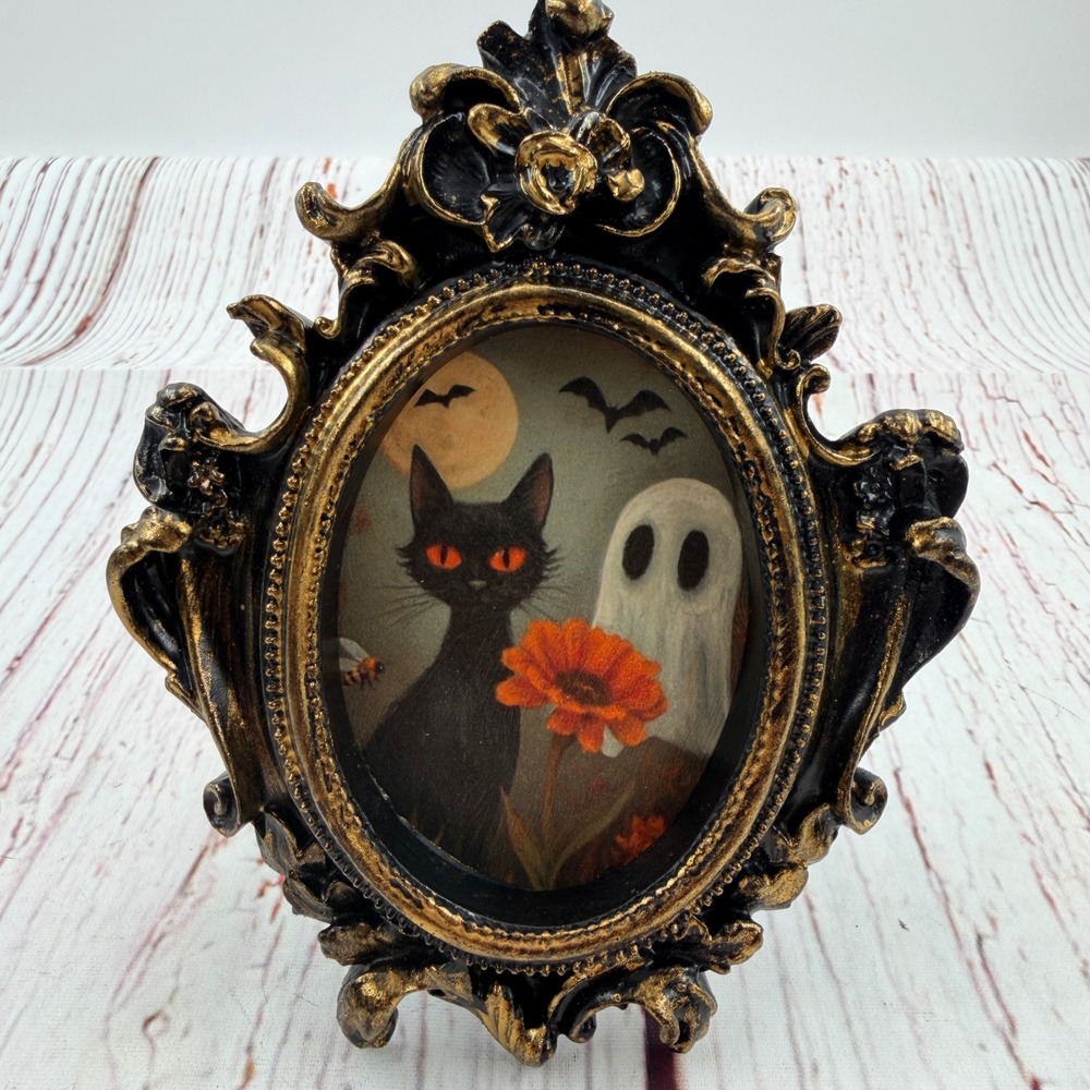 Vintage Style Halloween Black Cat Ghost Decoupage Ornate Resin Frame